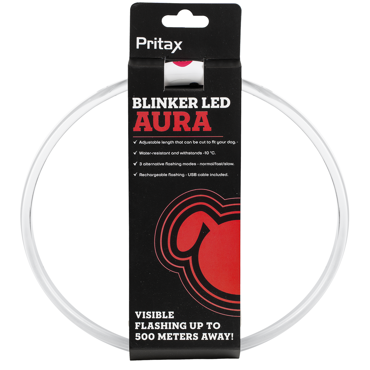 Pritax - Vilkkuva kaulapanta LED Aura, 8mm, 35-60cm, punainen - Koirat - Kaulapannat