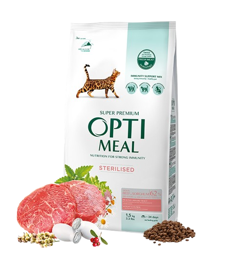 Optimeal - Complete dry pet food for sterilised cats - high in beef and sorghum 1,5 kg - Katt - ZOO.se