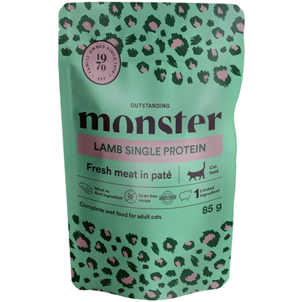 Monster Pet Food Cat Pouches Adult Lam 85 g x 8 stk - porsjonsposer