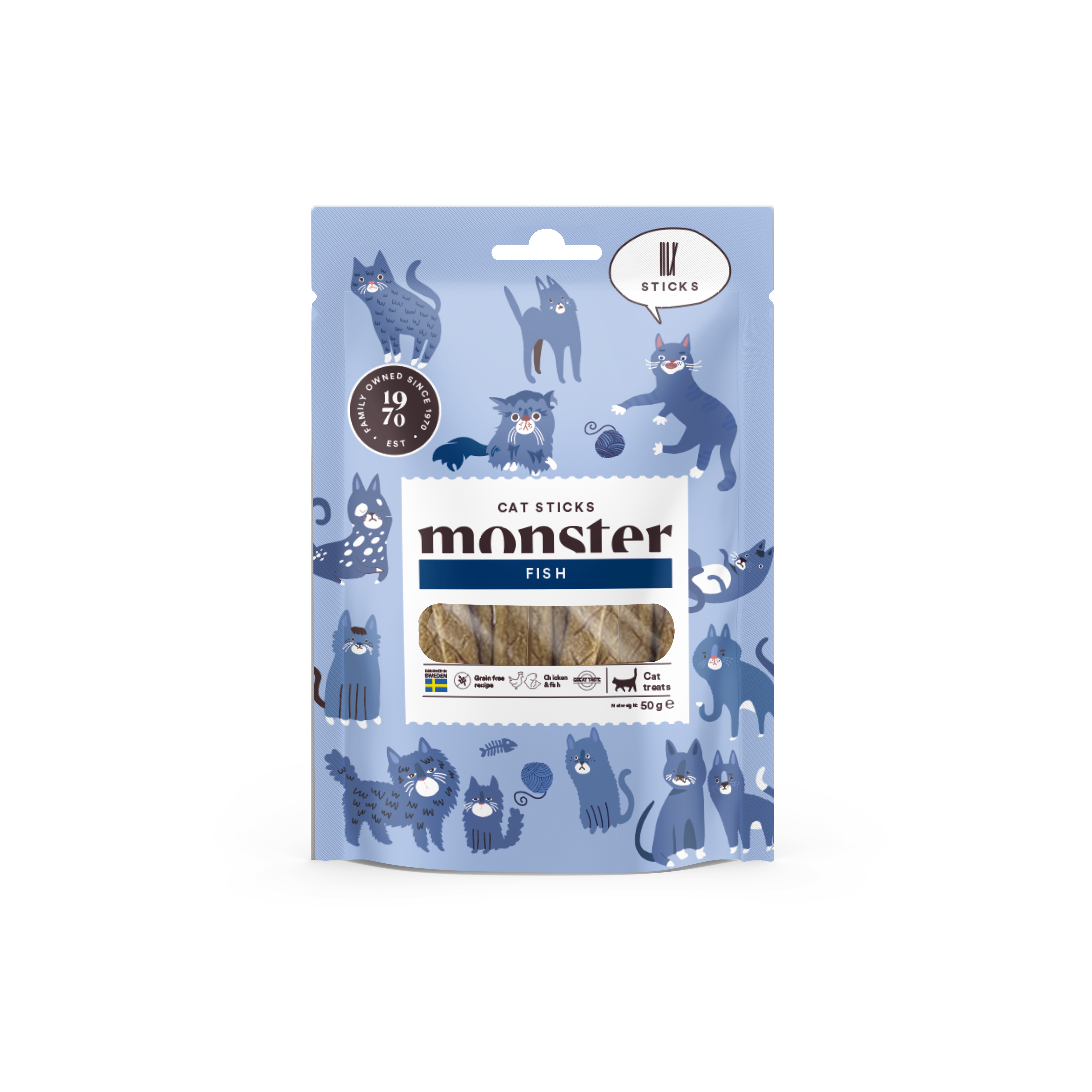 Monster Pet Food - Cat Sticks Fish 50 g - Katt - Kattegodteri & kattegress - Tyggesnacks for katter - ZOO.no