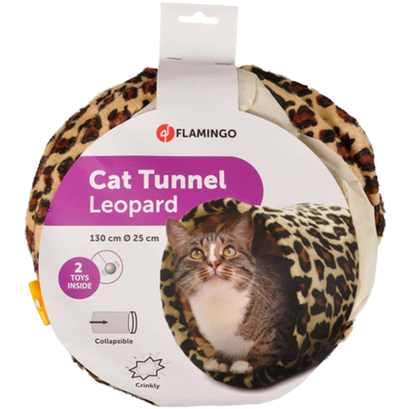 Kattetunnel med leopardmønster 130 cm - Katt - Katteleker & viftepinner - Leketuneller og rasleposer - Flamingo