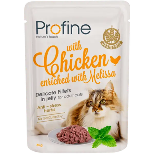 Cat Wet Food Pouches Adult Cat Fillets in Jelly with Chicken Enriched with Melissa 85g x 24st