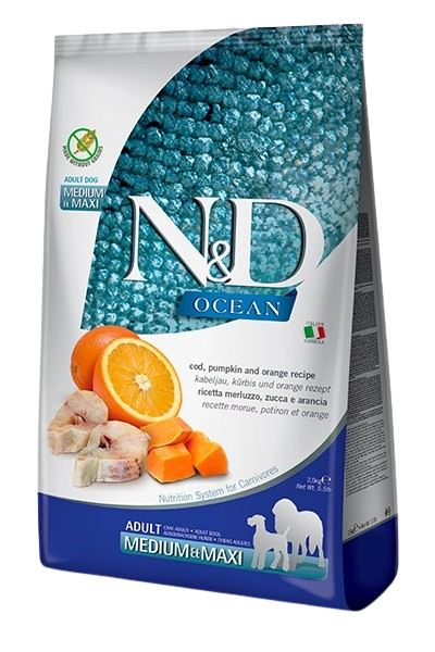 Farmina - N&D Ocean Cod Pumpkin & Orange Adult Med/Ma 12 kg - Hund - Hundefôr & hundemat - Tørrfôr for hund - ZOO.no