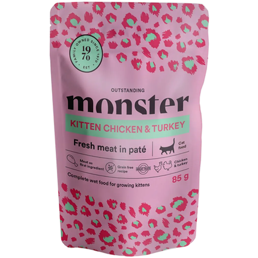 Monster Pet Food Cat Pouches Kitten Chicken & Turkey Pink 85 g x 8 st