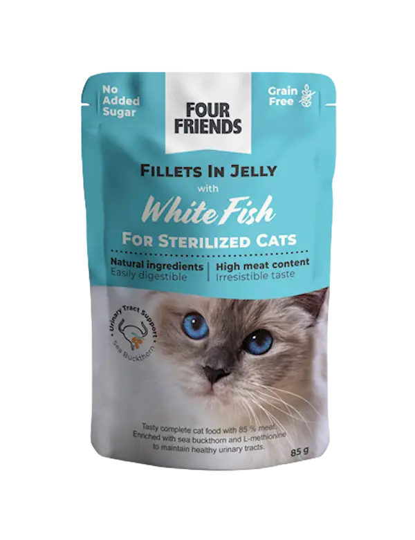 Sterilisert hvit fisk i gelépose 85 g til katt