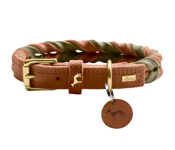 Dog Collar Solid Education Duo Cow Leather Cognac/Olive Green XS 40cm