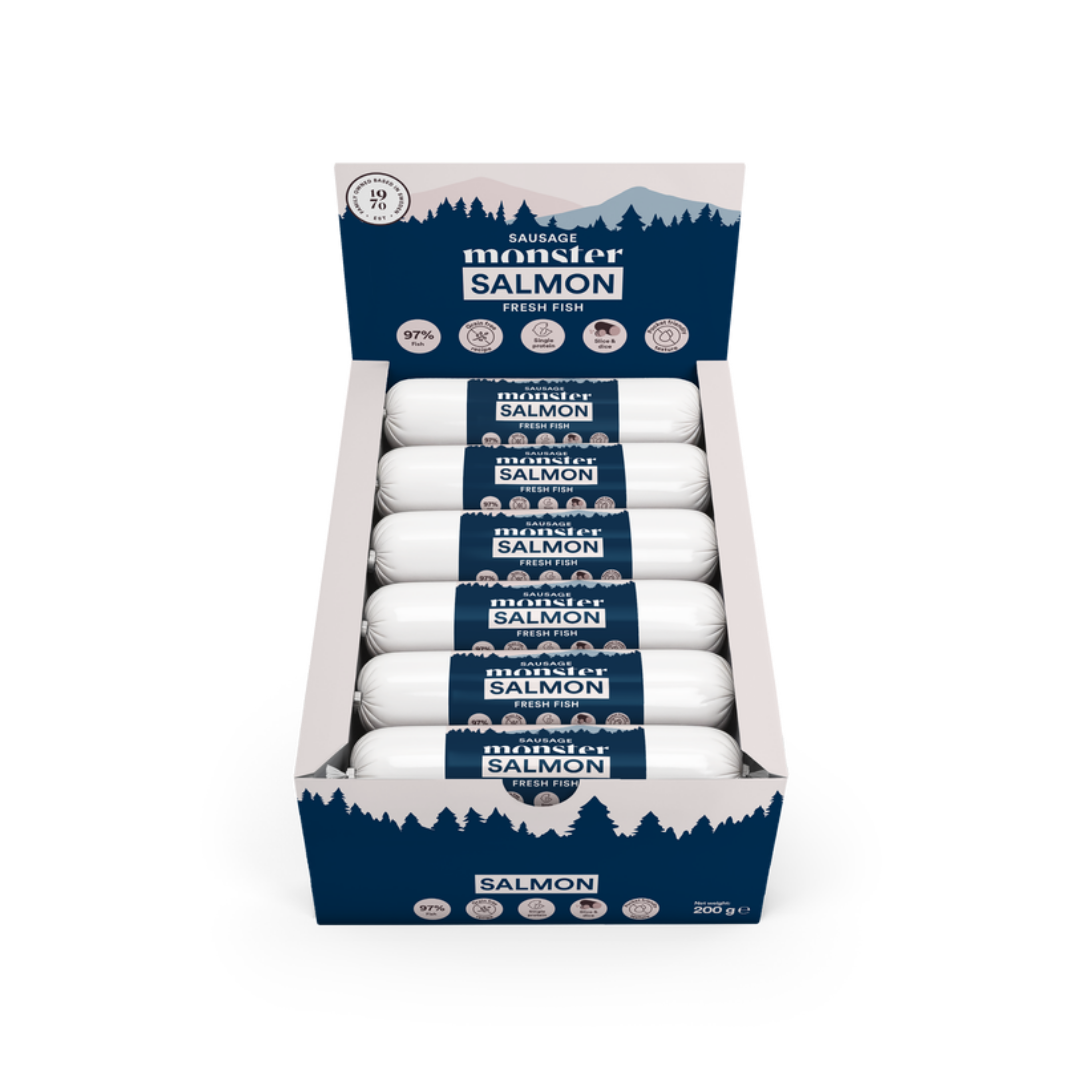 Dog Sausage Salmon 12x200 g - Hund - Hundmat & hundfoder - V&aring;tmat & V&aring;tfoder f&ouml;r hund - Monster Pet Food - ZOO.se