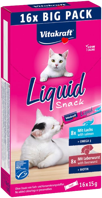 Vitakraft - Liquid Snack Multipack lever + laks 16x15g - Katt - Kattegodteri & kattegress - Belønningsgodbiter katt - ZOO.no