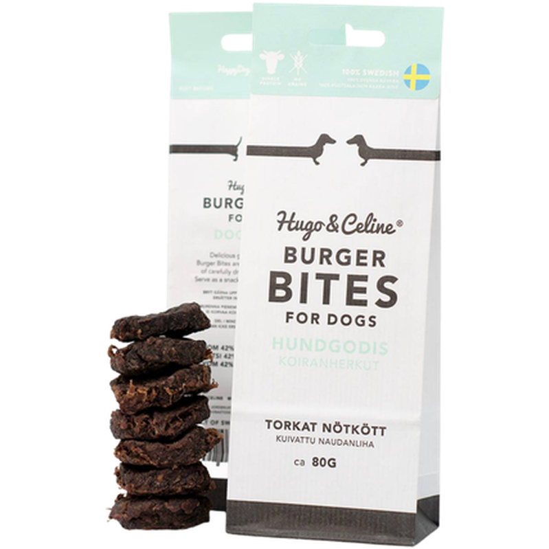 Hugo and Celine - Burger Bites 80 g - Hund - Hundgodis - Naturligt hundgodis - ZOO.se