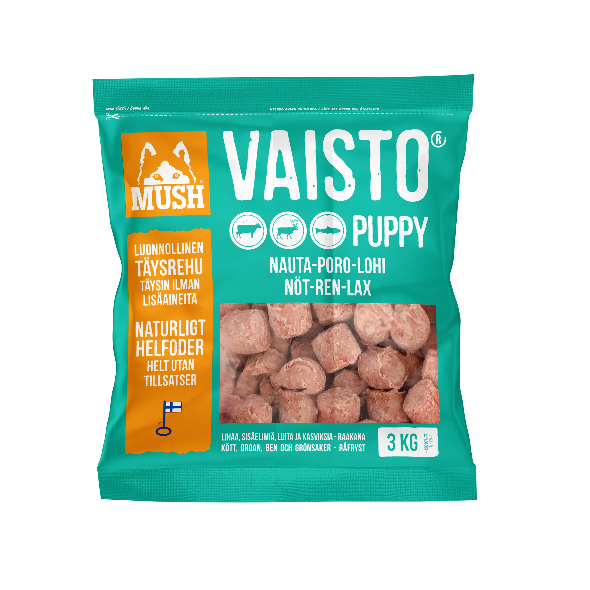 Mush - Vaisto Puppy Nöt-Ren-Lax Isblå 3 kg - Köttbullar - Hund - Hundmat & hundfoder - ZOO.se
