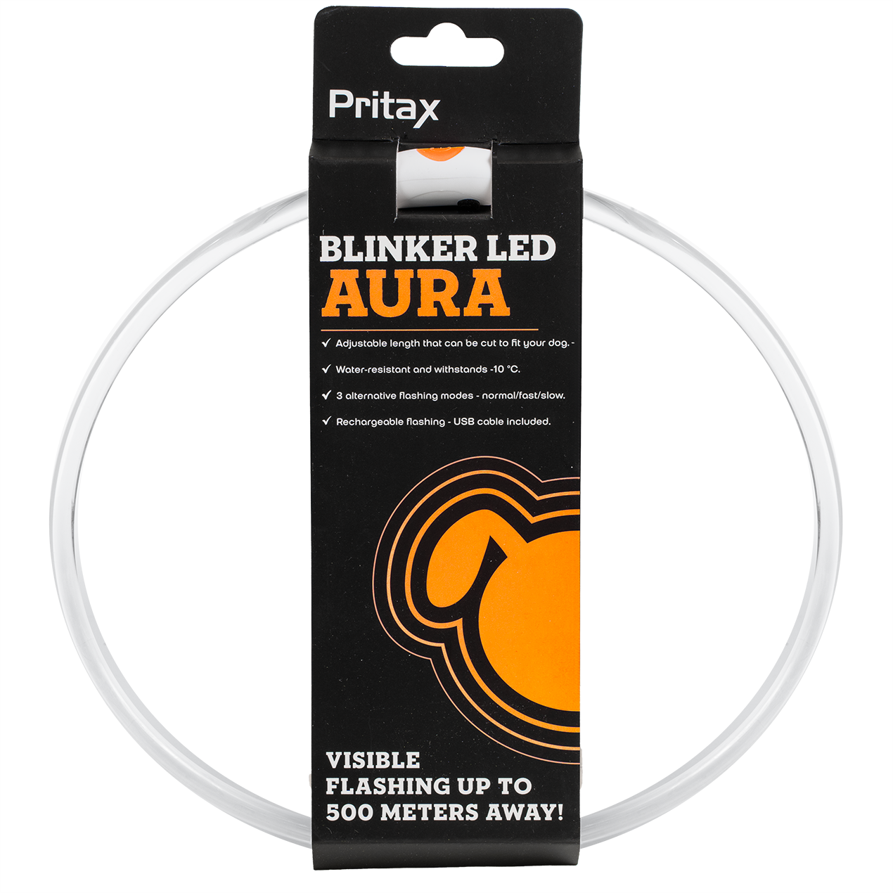 Pritax - Vilkkuva kaulapanta LED Aura, 8mm, 35-60cm, Oranssi - Koirat - Kaulapannat