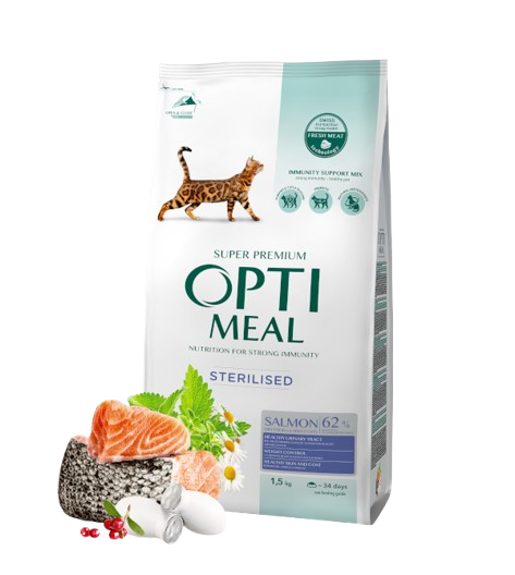 Optimeal - Complete dry pet food for sterilised cats - SALMON, 4 kg - Katt - Kattefôr & kattemat - Tørrfôr for katt - ZOO.no