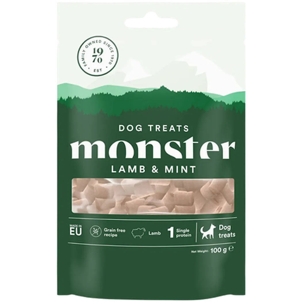 Monster Pet Food Hundegodbiter til alle raser med lam og mynte 100 g