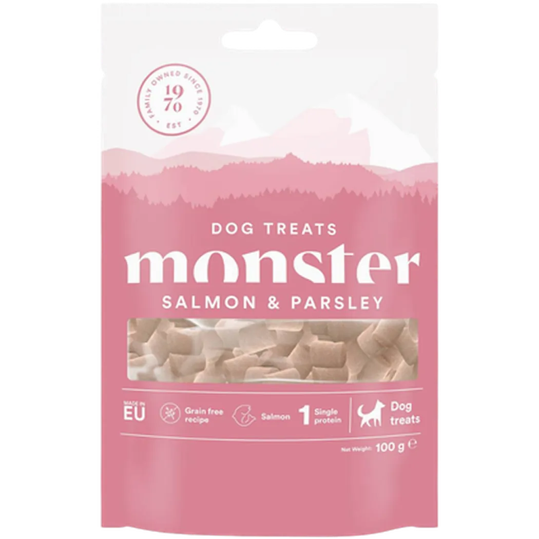 Monster Pet Food Hundegodbiter til alle raser med laks og persille 100 g