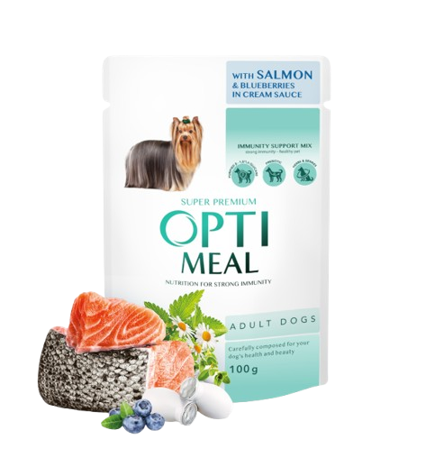 Optimeal - Canned Pet Food For Adult Dogs with Salmon and Blueberries In Cream Sauce 12 x 100 g - Hund - Hundefôr & hundemat - Våtfôr & våtmat - ZOO.no