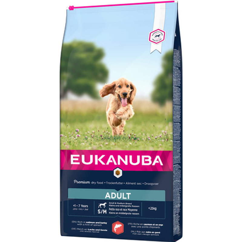 Eukanuba - Dog Adult Small/Medium Breed Salmon & Barley 12 kg - Koirat - Koiranruoka - Kuivaruoka