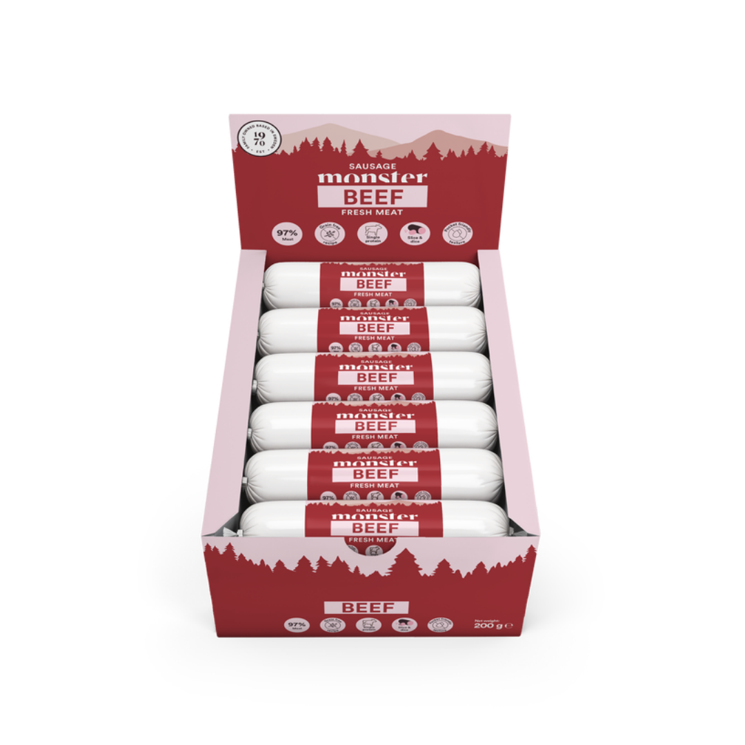 Dog Sausage Beef 12x200 g - Hund - Hundmat & hundfoder - V&aring;tmat & V&aring;tfoder f&ouml;r hund - Monster Pet Food - ZOO.se
