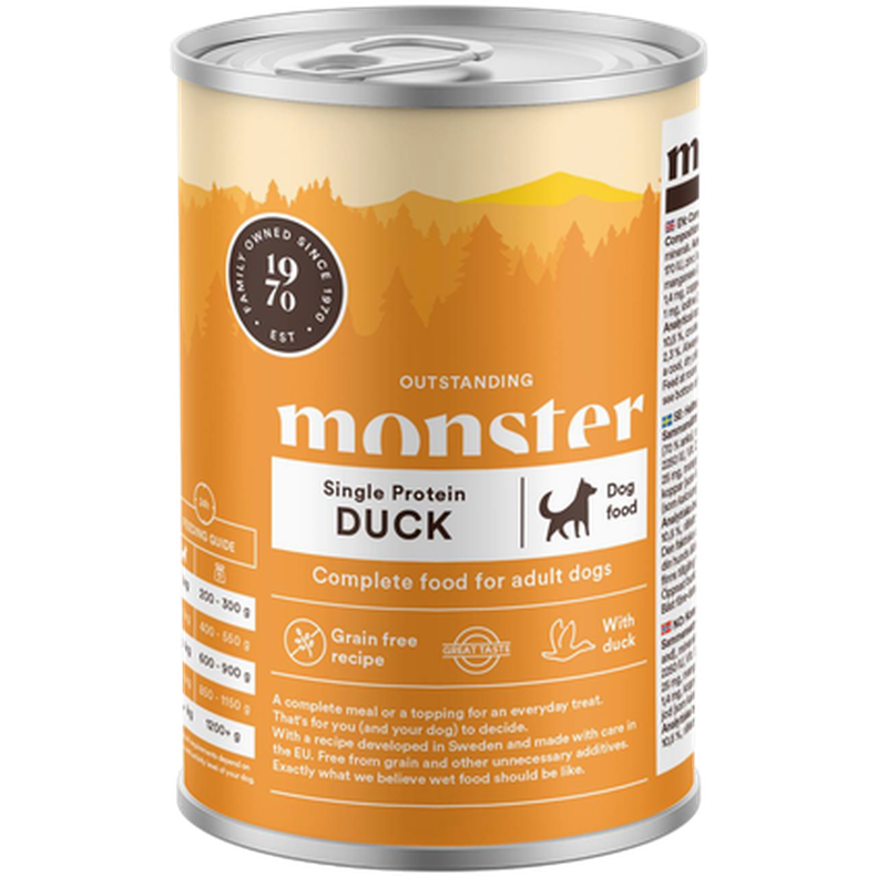 Dog Adult Single Duck Burk 400 g - Hund - Hundmat & hundfoder - Våtmat & Våtfoder för hund - Monster Pet Food - ZOO.se