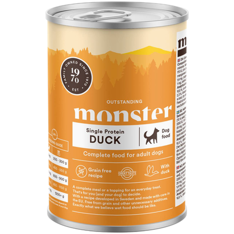 Dog Adult Single Duck Burk 400g x 6st - Hund - Hundmat & hundfoder - Våtmat & Våtfoder för hund - Monster Pet Food - ZOO.se