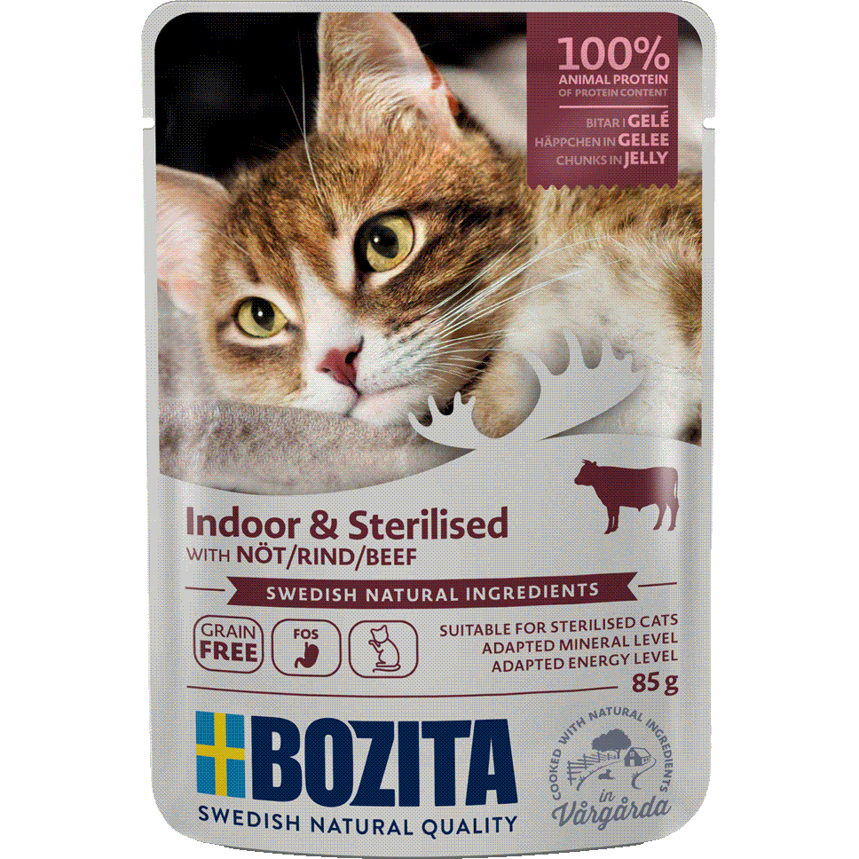 Indoor & Sterilised Storfé i Gelé 12 x 85 g - Katt - Kattfoder & kattmat - Blötmat & våtfoder till katt - Bozita Katt - ZOO.se