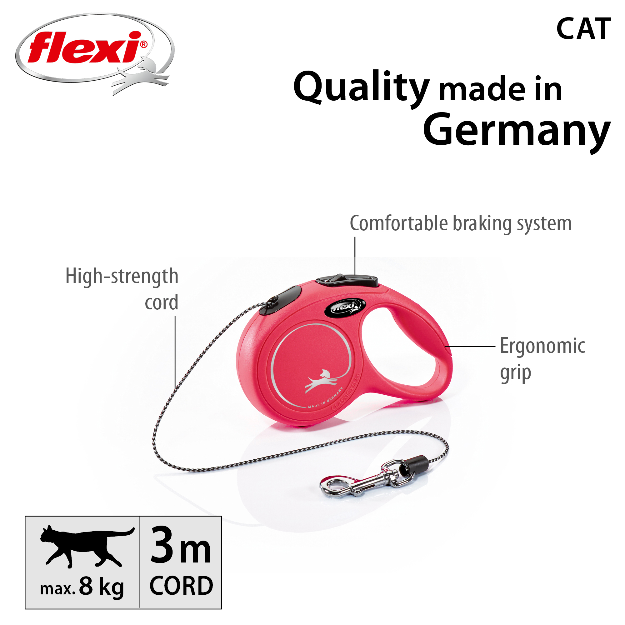 Flexi Rullebånd New Classic Cat Cord, 3m, XS, maks 8 kg, rød | ZOO.no