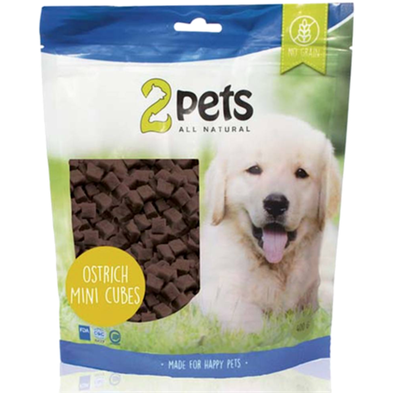 2 pets - Dogsnack Strudse Mini Cubes 400 g - Hund - Hundegodbiter & tyggebein - Naturlige godbiter for hund - ZOO.no