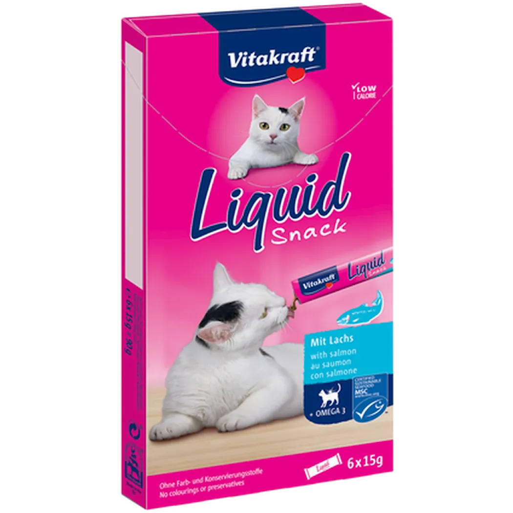 Vitakraft Flytende kattesnacks med laks, 6-pakning, 15 g