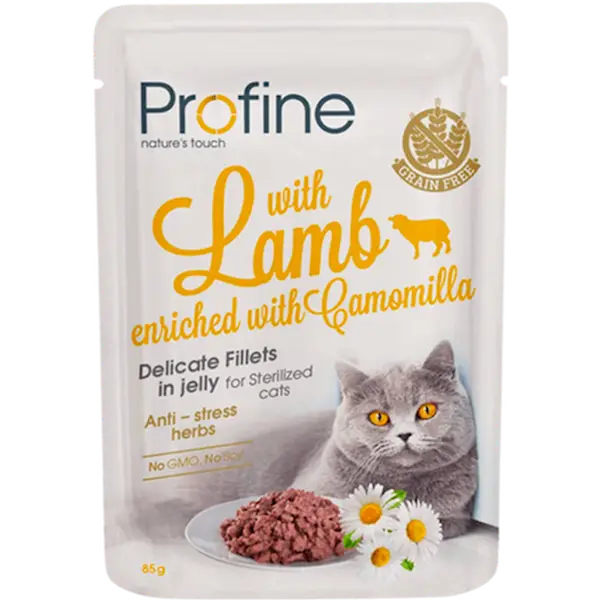 Cat Wet Food Pouches Sterilized Cat Fillets in Jelly with Lamb Enriched with Chamomilla Yellow 85 g