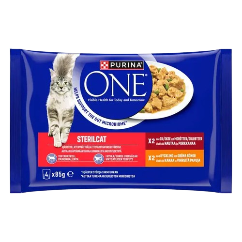 Purina ONE - Sterilcat med Ox & Morötter & Mini Filets i sås med Kyckling & Gröna Bönor 4-pack x 85g - Katt - ZOO.se