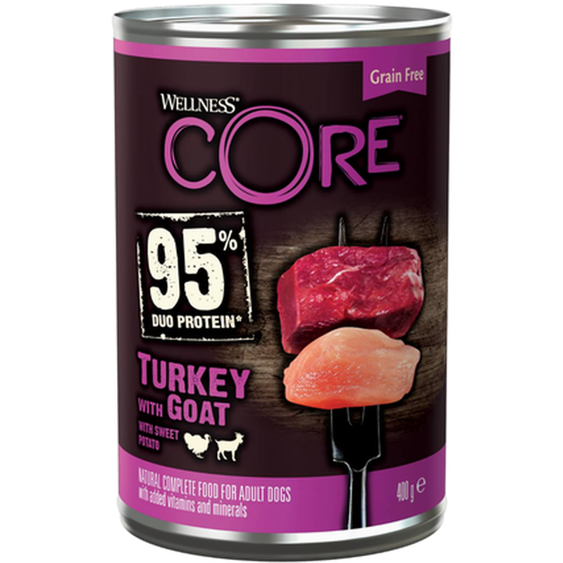 Dog Adult 95% Duo Protein Turkey & Goat 400 g x 6 - Hund - Hundmat & hundfoder - Våtmat & Våtfoder för hund - CORE Petfood - ZOO.se