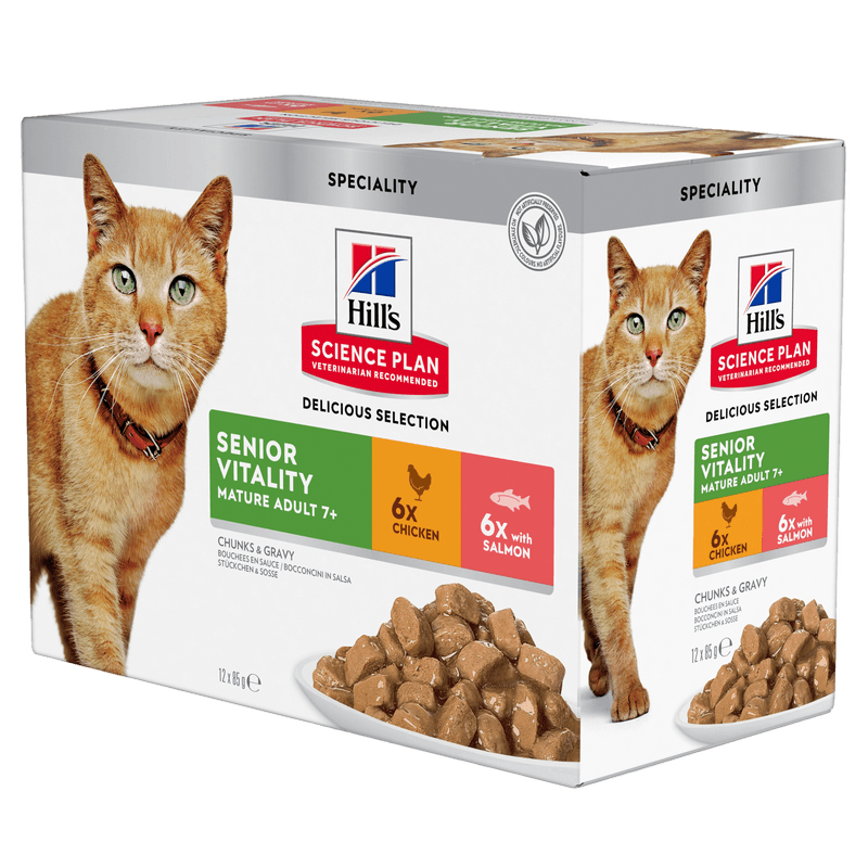 Hills Science Plan - Senior Vitality Chicken & Salmon 85 g x 12 - Katt - Kattefôr & kattemat - Våtfôr og våtmat - ZOO.no