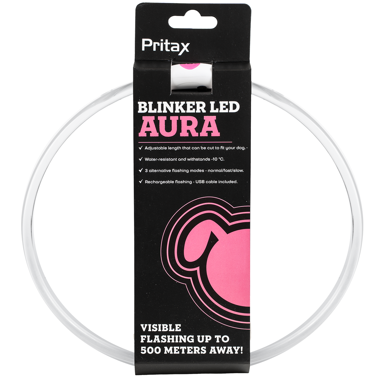 Pritax Vilkkuva kaulapanta LED Aura, 8mm, 35-60cm, vaaleanpunainen