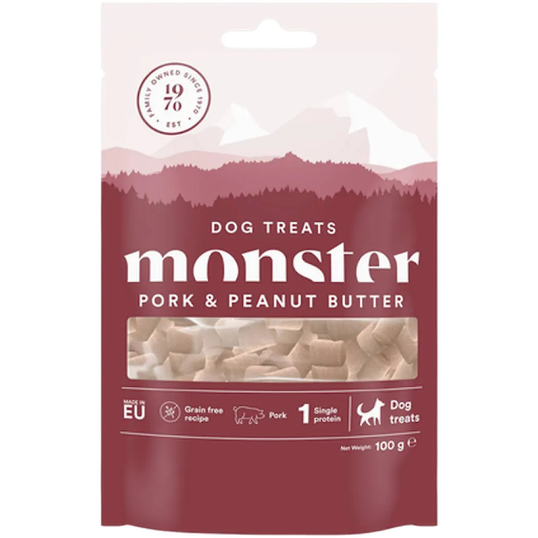 Monster Pet Food Hundegodbiter til alle raser med svinekjøtt og peanøttsmør 100 g