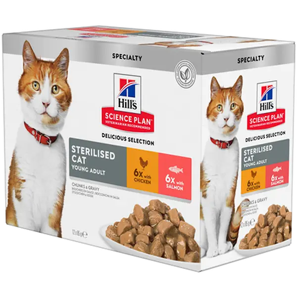 Young Adult Sterilised Chicken Salmon Pouch - Wet Cat Food 48 x 85 g
