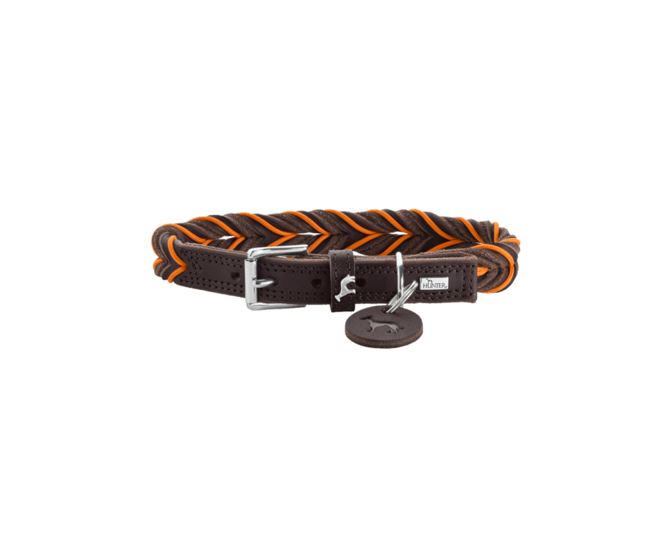 Hunter - Hundhalsband Solid Education Cord Cow Leather Mörkbrun/Orange XS 40cm - Hund - ZOO.se